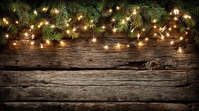Rustic wood backdrop with warm fairy lights and pine boughs