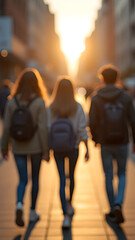 Blurred image of a group of modern teenagers walking together on a blurry city street. Casual street fashion, vertical shot.