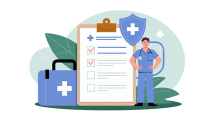 Obraz premium Medical professional with checklist and shield shows healthcare concept