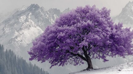 Solitary purple tree in snowy mountain landscape