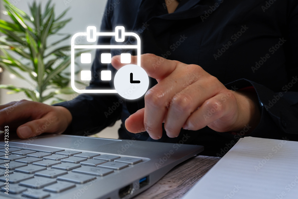 Poster time management: person in front of a computer pointing at a calendar icon and a virtual clock