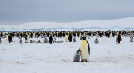 Obraz premium Emperor penguins flock with chicks on snowy land