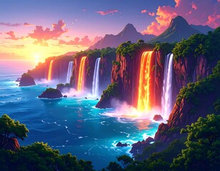 Tropical paradise waterfall sunset