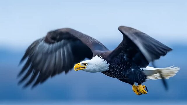 Bald Eagle in Flight with Beak Open Against a Blue Background	
