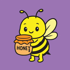 The vector design depicts a cheerful bee presenting honey jar, expressed in colorful flat cartoon style, symbolizing sweetness, joy, and sticker friendly character illustration.