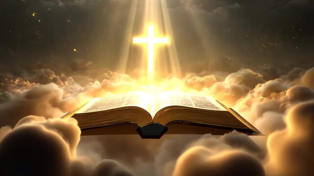 Golden cross rising from glowing open Bible
