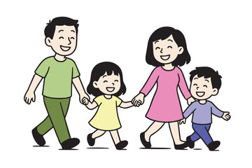A colorful vector illustration of parents walking hand in hand with their two children, designed in flat style, perfect for posters, stickers, and family artwork.