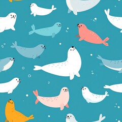 Playful seals of various colors swim in a teal ocean