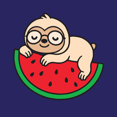 A funny sloth with glasses is illustrated laying on a watermelon, colorful flat cartoon vector, symbolizing holiday charm, premium icon, and joyful creativity.