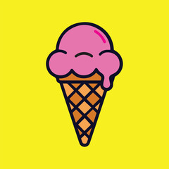 The vector cartoon illustration shows a cute ice cream scoop on top of cone, colorful and flat design, perfect for playful sticker and creative artwork.