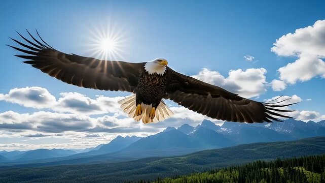 Epic Flight of a Bald Eagle Over a Sunny Mountain Range	