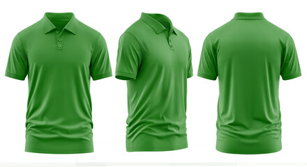 Green Polo Shirts Displayed in Front Side and Back Views.