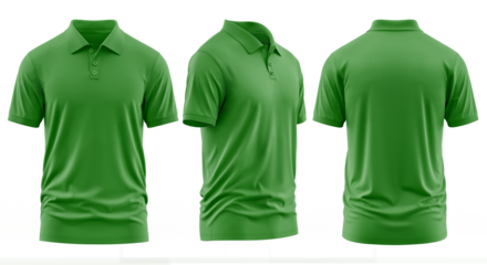 Green Polo Shirts Displayed in Front Side and Back Views.