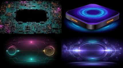 A collage of four futuristic, abstract digital designs featuring glowing neon colors, circuit board textures, and sleek, technological interfaces.  Each showcases 