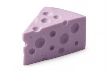 Vibrant purple cheese wedge featuring distinctive holes, isolated in a studio setting against a transparent background, creating a surreal visual