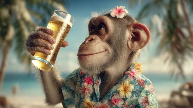 Funny chimpanzee in Hawaiian shirt holding beer
