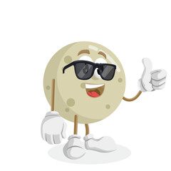 A cool moon character wearing sunglasses and giving a thumbs-up. It has a confident, happy, and positive attitude