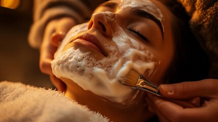 Close-up of a woman receiving a luxurious facial treatment, a creamy mask applied with a brush