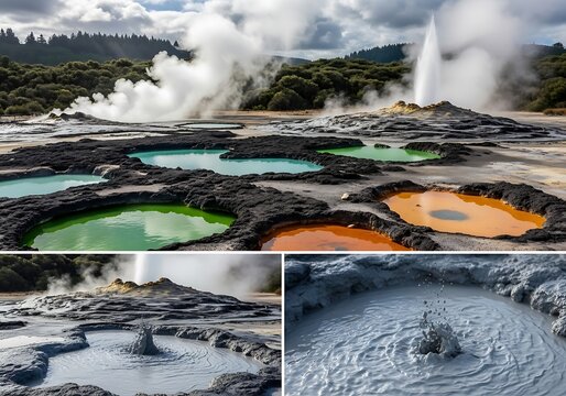 Geothermal landscape with bubbling mud pools and geysers