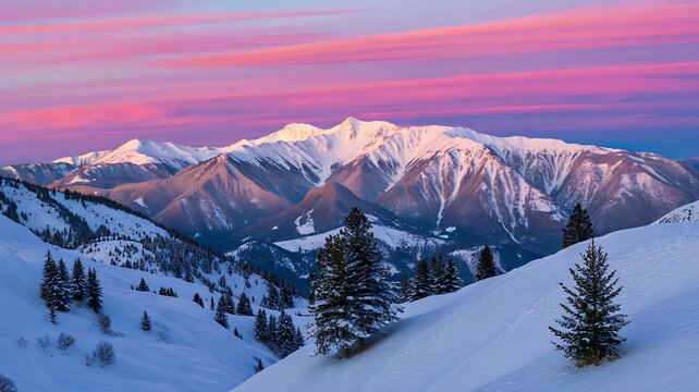Snow covered mountains at sunset with pink sky and pine trees - Powered by Adobe