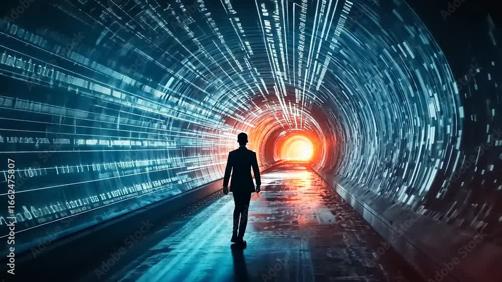 Poster a solitary figure walking through a futuristic tunnel filled with glowing data streams and light