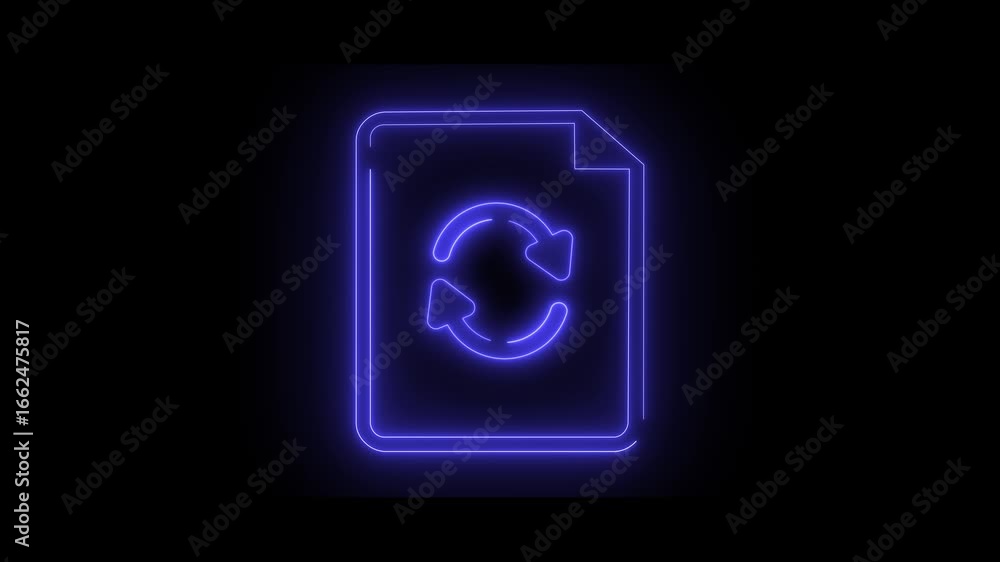 Poster neon light animation of a document icon with round arrows. refresh concept. black background.