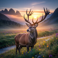 Majestic Red Deer Stag at Sunrise in the Mountains