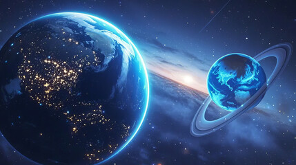 Obraz premium Universe planet galaxy Earth space halo sci-fi background futuristic wallpaper