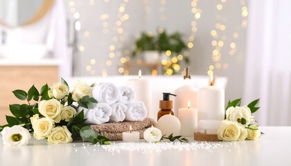 Spa setting with towels, candles, and flowers