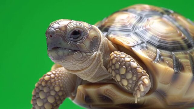 Close-up of a tortoise on a vibrant green background, showcasing its intricate shell patterns