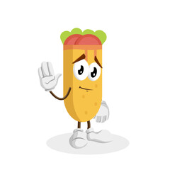 A burrito character is waving its hand in a gesture of goodbye or farewell, with a serious and slightly sad expression