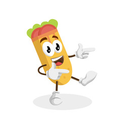 A cheerful burrito character pointing to its right with a happy and inviting expression. It seems to be showing or guiding someone to a specific direction