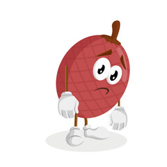 A Ita palm character with a serious and slightly sad expression, holding its hands close to its chest. It appears to be deep in thought or feeling down