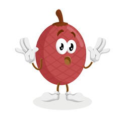 A red-colored Ita palm character with a shocked expression, with its hands up in a gesture of disbelief and its mouth wide open