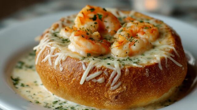 Delicious seafood chowder with shrimp in rustic bread bowl 

