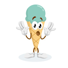 An ice cream cone character with a surprised expression, its mouth wide open and hands up in a gesture of shock. It has big, expressive eyes that convey disbelief or astonishment