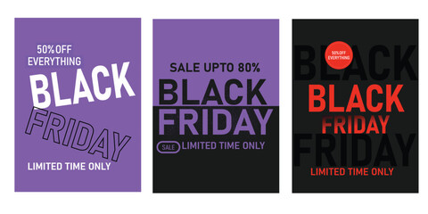 Black Friday Sale discount poster, flyer, web banner or label collection in purple, black, red  colors  for advertising, social media post ,fashion ads and sales .