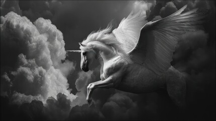 Regal unicorn pegasus flying through dramatic cloudy skies