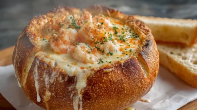 Delicious seafood chowder with shrimp in rustic bread bowl 
