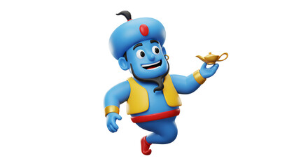 A cheerful 3D cartoon genie character with a golden lamp on a white background
