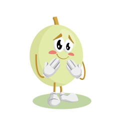 A shy or embarrassed honeydew melon character with its hands covering its face, looking down as if feeling bashful
