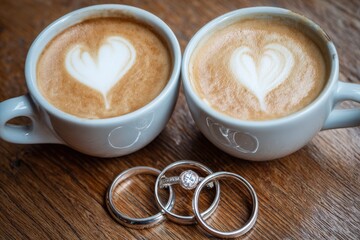 Two coffee cups with heart latte art and engagement wedding rings on a wooden table