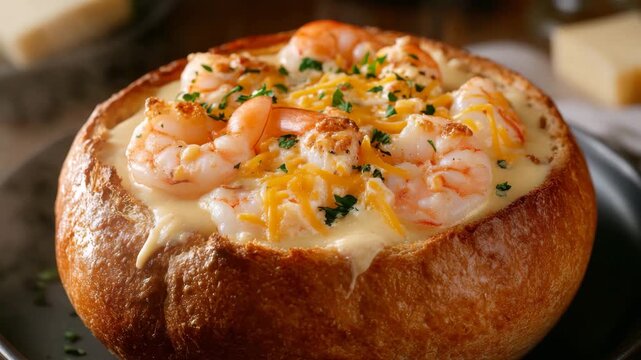 Creamy shrimp chowder served in bread bowl
