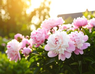 Soft light illuminates a cluster of pale pink peonies in full bloom
