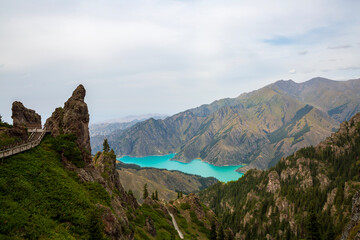 Obraz premium Aerial view of Tianshan Tianchi in Tianshan Mountains, Xinjiang, China