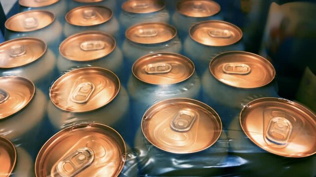 Aluminum Beer Cans Wrapped in Packaging Film at Warehouse | Rows of Canned Alcoholic Beverages Ready for Retail Distribution | Commercial Beverage Storage and Supply
