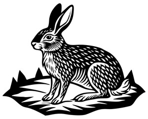 Black and white linocut illustration of a rabbit sitting in grass