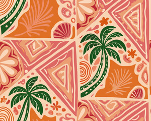 Tropical pattern with palm trees and abstract shapes in warm colors