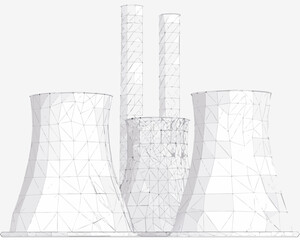 Geometric wireframe rendering of a nuclear power plant cooling towers and chimneys
