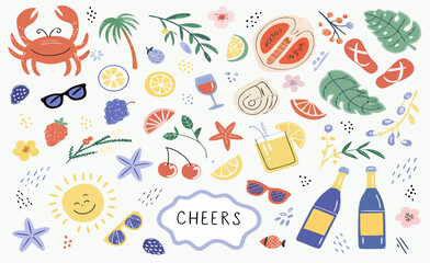 Summer beach party elements with fruits drinks and sun